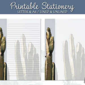 Papel para escribir cartas imprimibles, Papelería de cactus, Forrado sin forro, Carta estadounidense A4, Descarga instantánea, Bloc de notas imprimible