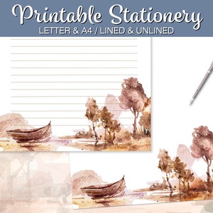 Cancelleria stampabile, Carta da lettere orizzontale, Acquerello, Foderato senza fodera, Lettera US A4, Carta per appunti, Download istantaneo, Blocco note stampabile