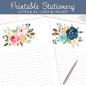 Floral Stationery, Printable Writing Paper, Boho Watercolor, Lined Unlined, A4 US Letter, Notes Paper, Instant Download, Printable Notepad