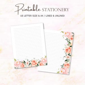 Floral Stationery, Blush Watercolor Flowers Letter Writing Paper, Lined Unlined, A4 US Letter, Instant Download, Printable Notepad