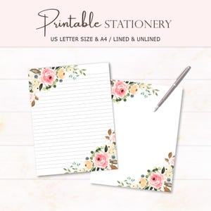 Floral Stationery, Printable Writing Paper, Watercolor Flowered Notes Paper, Digital Download, Printable Notepad