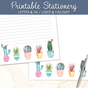 Cactus Stationery, Printable Letter Writing Paper, Lined Unlined, A4 US Letter, Instant Download, Printable Notepad