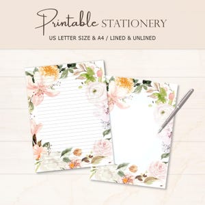 Floral Stationery, Botanical Printable Letter Writing Paper, Lined Unlined, A4 US Letter, Digital Download, Printable Notepad