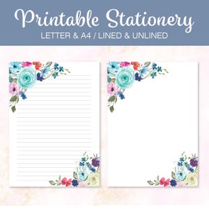 Blue Floral Stationery, Printable Writing Paper, Watercolor, Lined Unlined, A4 US Letter, Notes Paper, Instant Download, Printable Notepad