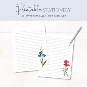 Floral Letter Writing Paper, Watercolor Isolated Flower, A4 US Letter, Notes Stationery, Digital Download, Printable Notepad