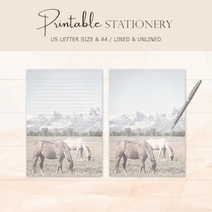Horses Stationery, Horses Grazing in a Meadow, Letter Writing Paper, A4 size US Letter, Digital Download, Printable Notepad