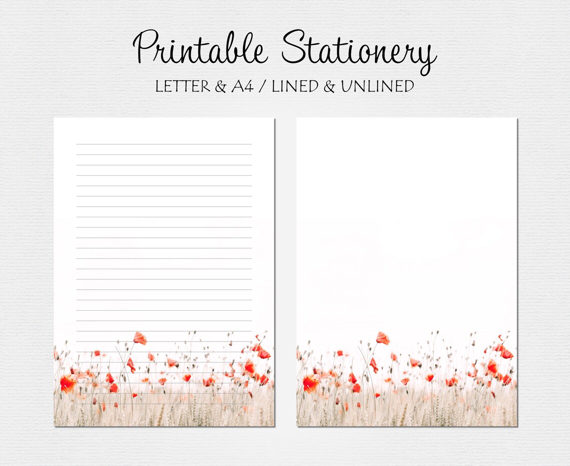 Printable Stationery, Poppies Letter Writing Paper, Spring Stationary, Lined Unlined, A4 US ...