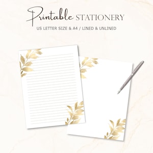 Gold Stationery, Golden Leaves, Botanical Letter Writing Paper, Lined Unlined, A4 size US Letter, Digital Download, Printable Notepad