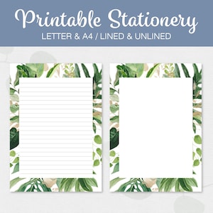 Papelería tropical, papel para escribir cartas Monstera, rayado y sin rayar, tamaño carta (A4), papel para notas, descarga instantánea, bloc de notas imprimible