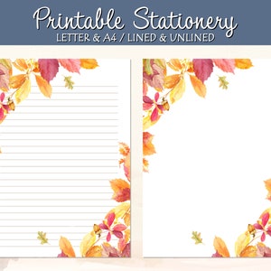 Papelería imprimible, Papel para escribir cartas de hojas de otoño, Forrado sin forro, Carta A4 de EE. UU., Descarga instantánea, Bloc de notas imprimible