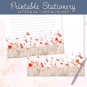Papelería Amapolas, Papel para escribir cartas de primavera, Bloc de notas con amapolas florales, Rayado/Sin raya, Tamaño carta (A4), Descarga instantánea, Imprimible