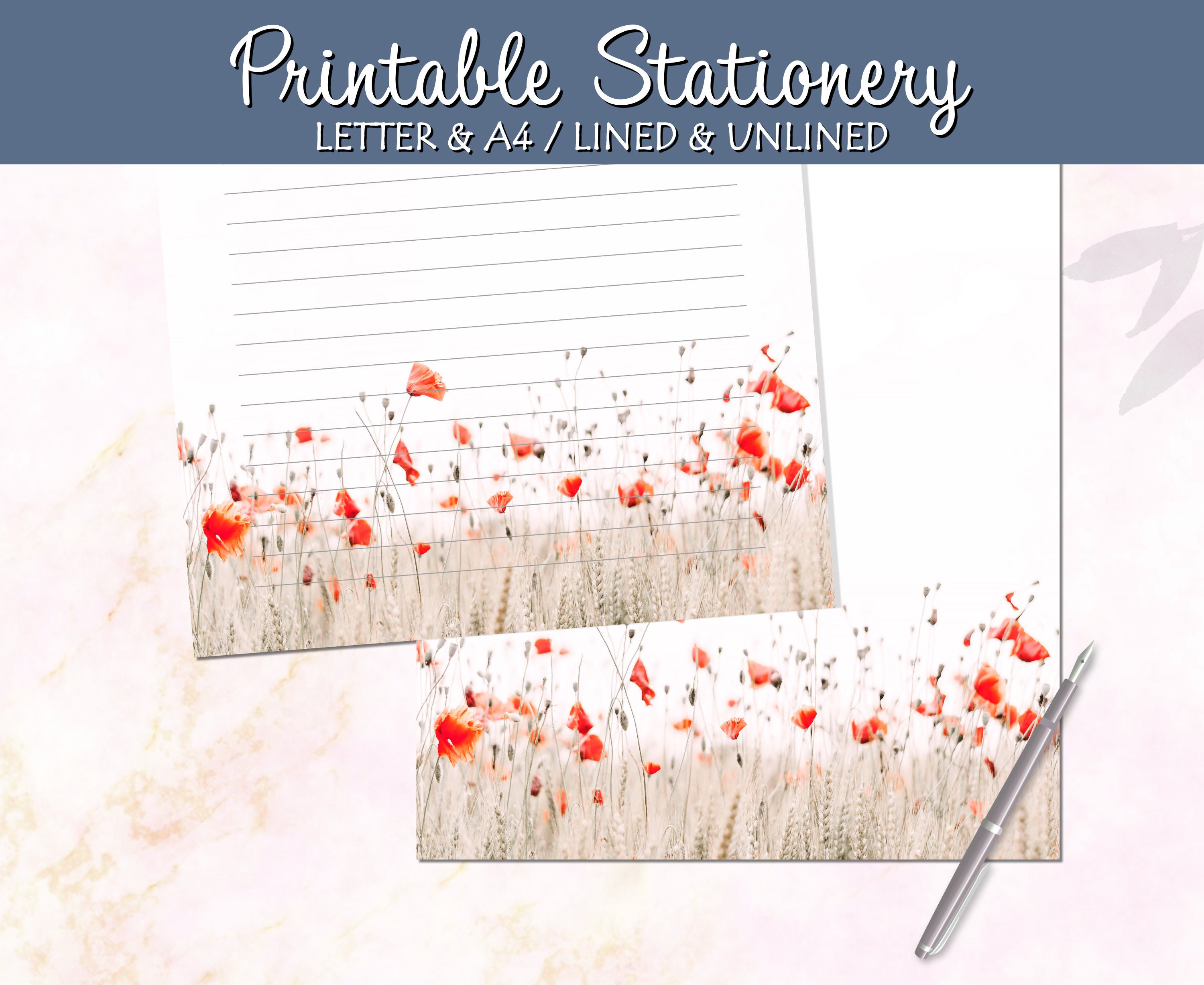 Printable Stationery, Poppies Letter Writing Paper, Spring Stationary, Lined Unlined, A4 US ...