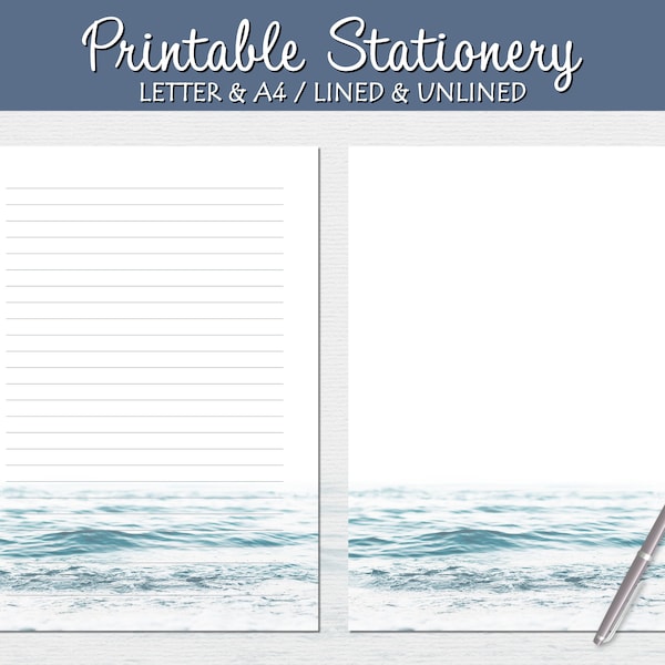 Ocean Stationery, Printable Letter Writing Paper, Beach Water, Lined Unlined, A4 US Letter, Instant Download, Printable Notepad