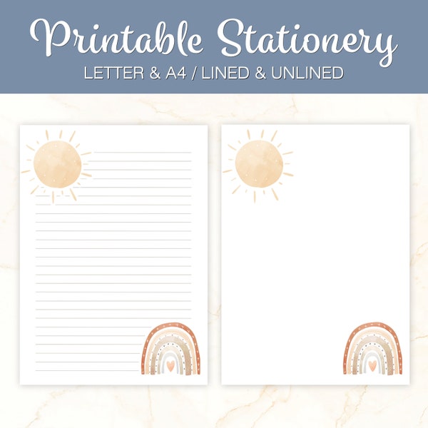 Printable Stationery, Rainbows Writing Paper, Sun Boho Stationery, Lined Unlined, A4 US Letter, Instant Download, Printable Notepad, RW