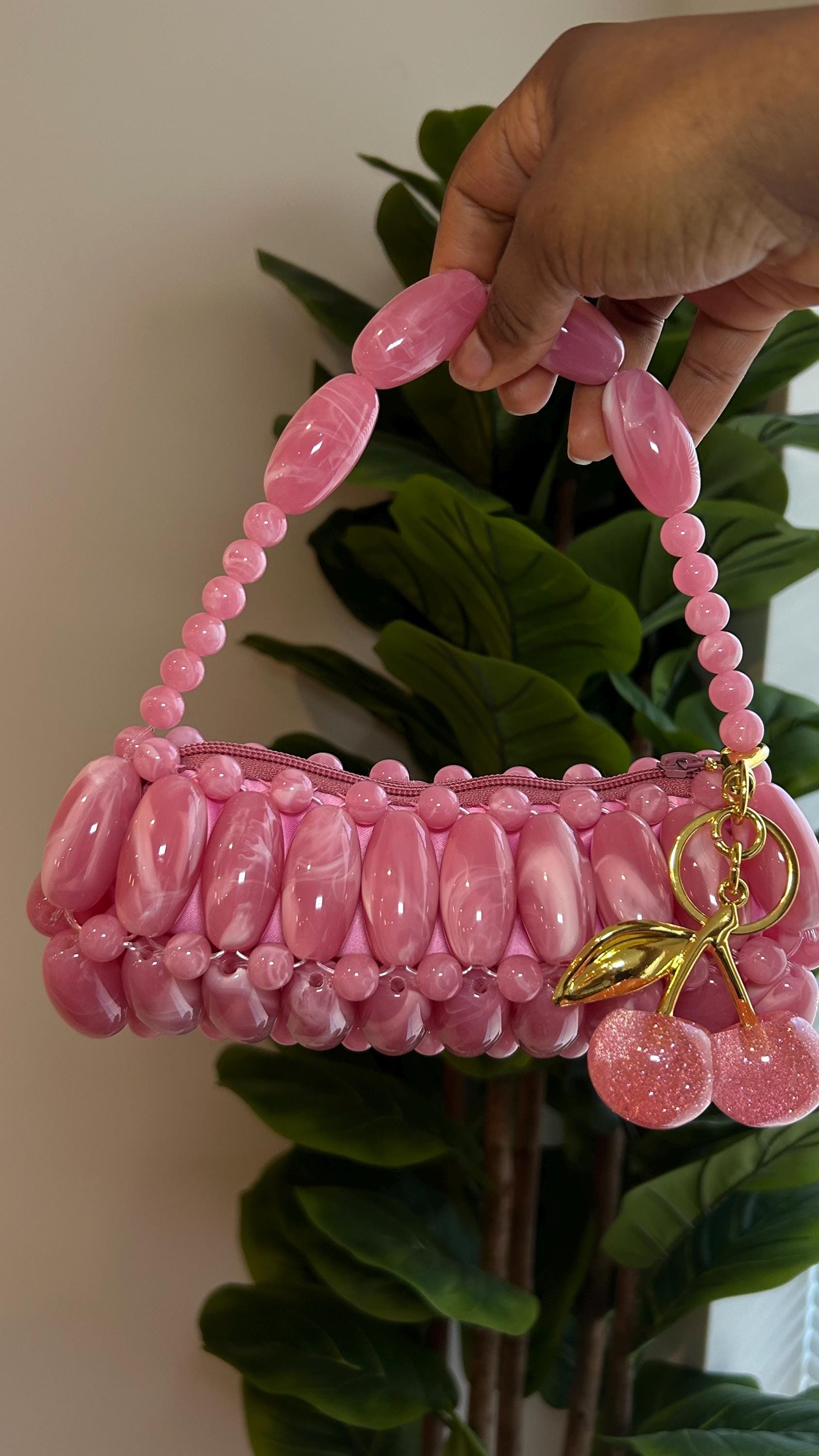 Bubblegum Handmade Beaded Bag for Outing Beaded Purse With Cherry
