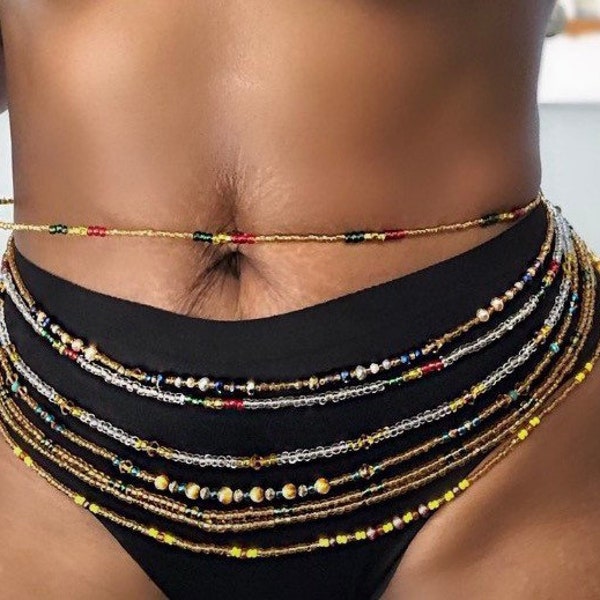 Waist Bead Colorful Waist/Belly Bead African Waist Bead, Body Chain Beaded Belly Chain, Bikini Jewelry for Woman. Stretchy waist beads