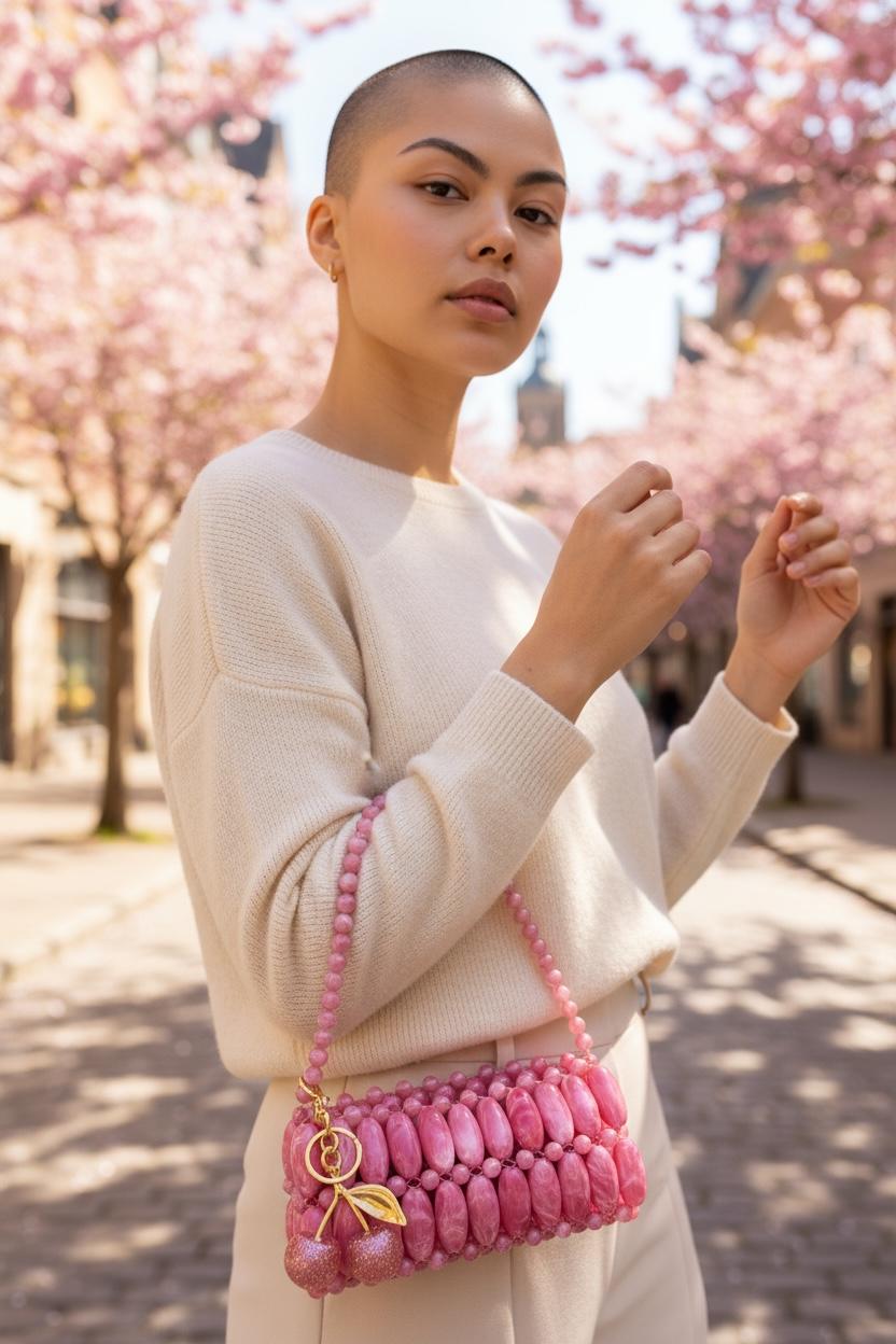 Bubblegum Handmade Beaded Bag for Outing Beaded Purse With Cherry