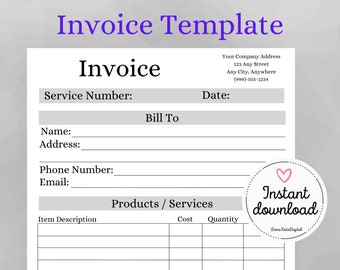 Invoice Template | Digital Download Work Order Invoice | PDF Invoice | Printable Invoice | Invoice Form | Custom Invoice Form | Editable PDF