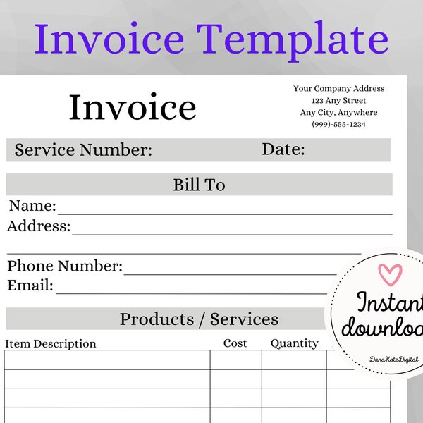 Invoice Template | Digital Download Work Order Invoice | PDF Invoice | Printable Invoice | Invoice Form | Custom Invoice Form | Editable PDF