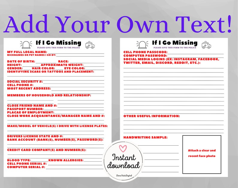 In Case I Go Missing Template Emergency Information Template Etsy