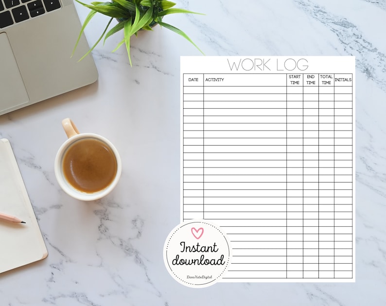 Printable Work | Time Log and Tracker | Activity Hours Log Printable | Digital Download Working Hours Log | Activity Tracker for Work image 4