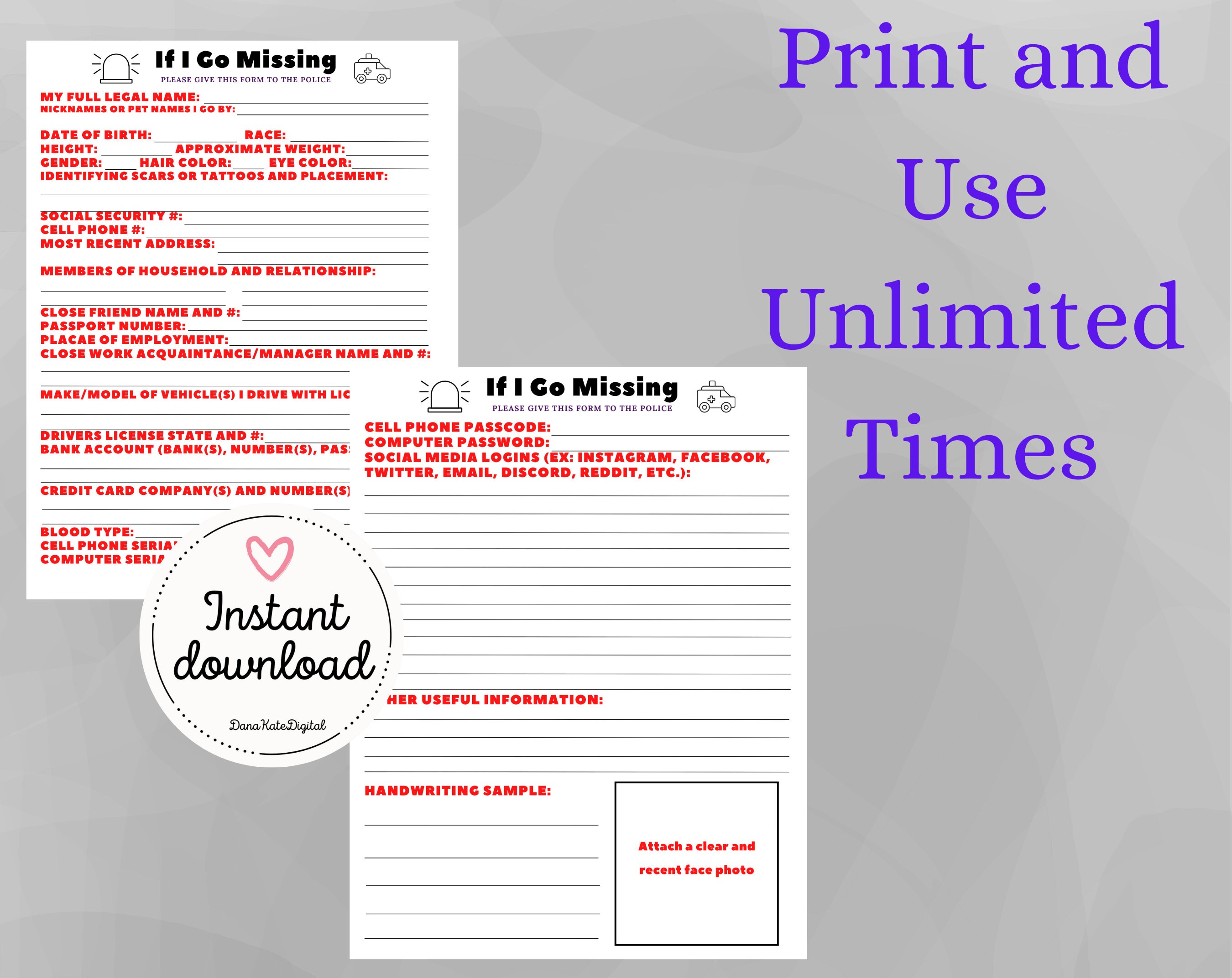  In Case I Go Missing Template Emergency Information Template Etsy