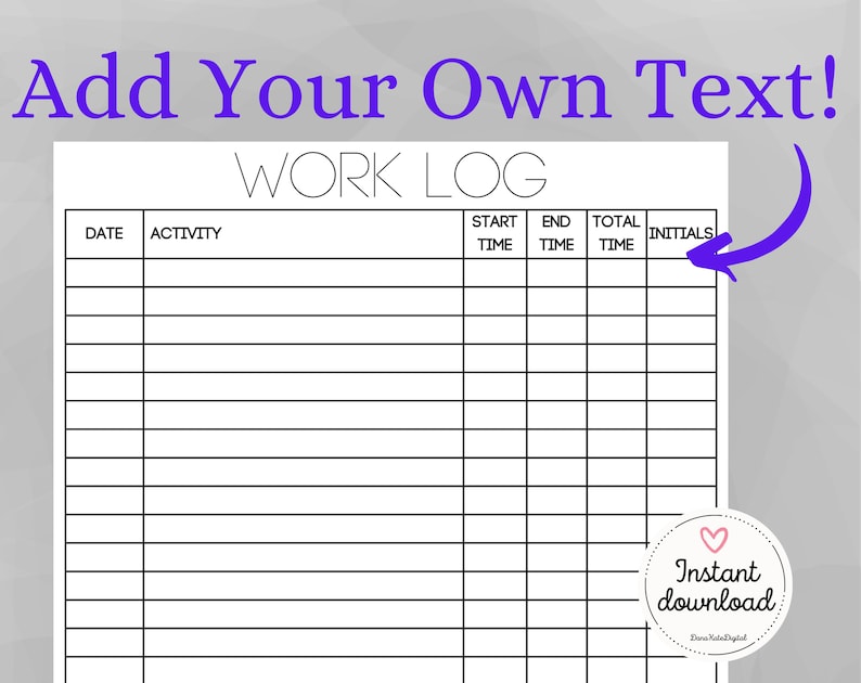 Printable Work | Time Log and Tracker | Activity Hours Log Printable | Digital Download Working Hours Log | Activity Tracker for Work image 3