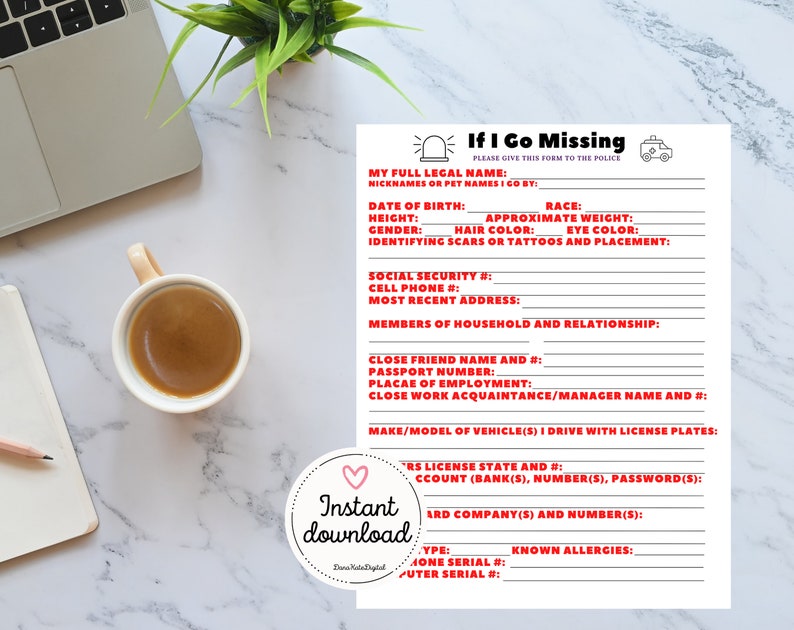 In Case I Go Missing Template Emergency Information Template Etsy