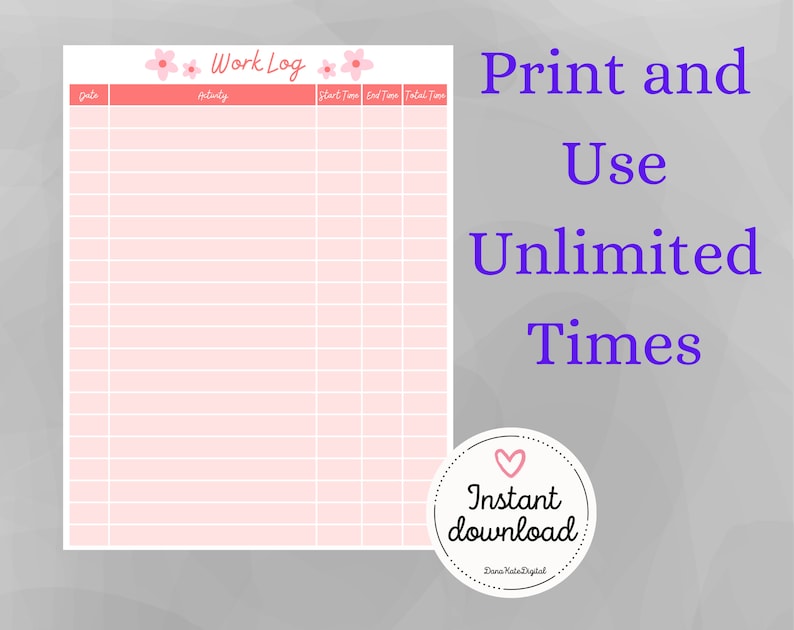 Printable Work | Time Log and Tracker | Activity Hours Log Printable ...