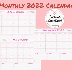Cute Pink 2022 Monthly Calendar | Printable PDF Digital Download | Aesthetic Minimalist Calendar | Pink and Peach Colored Monthly Schedule