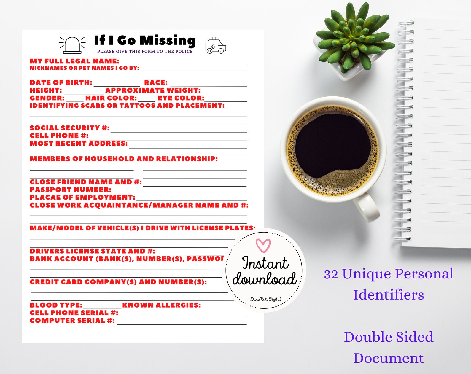  In Case I Go Missing Template Emergency Information Template Etsy