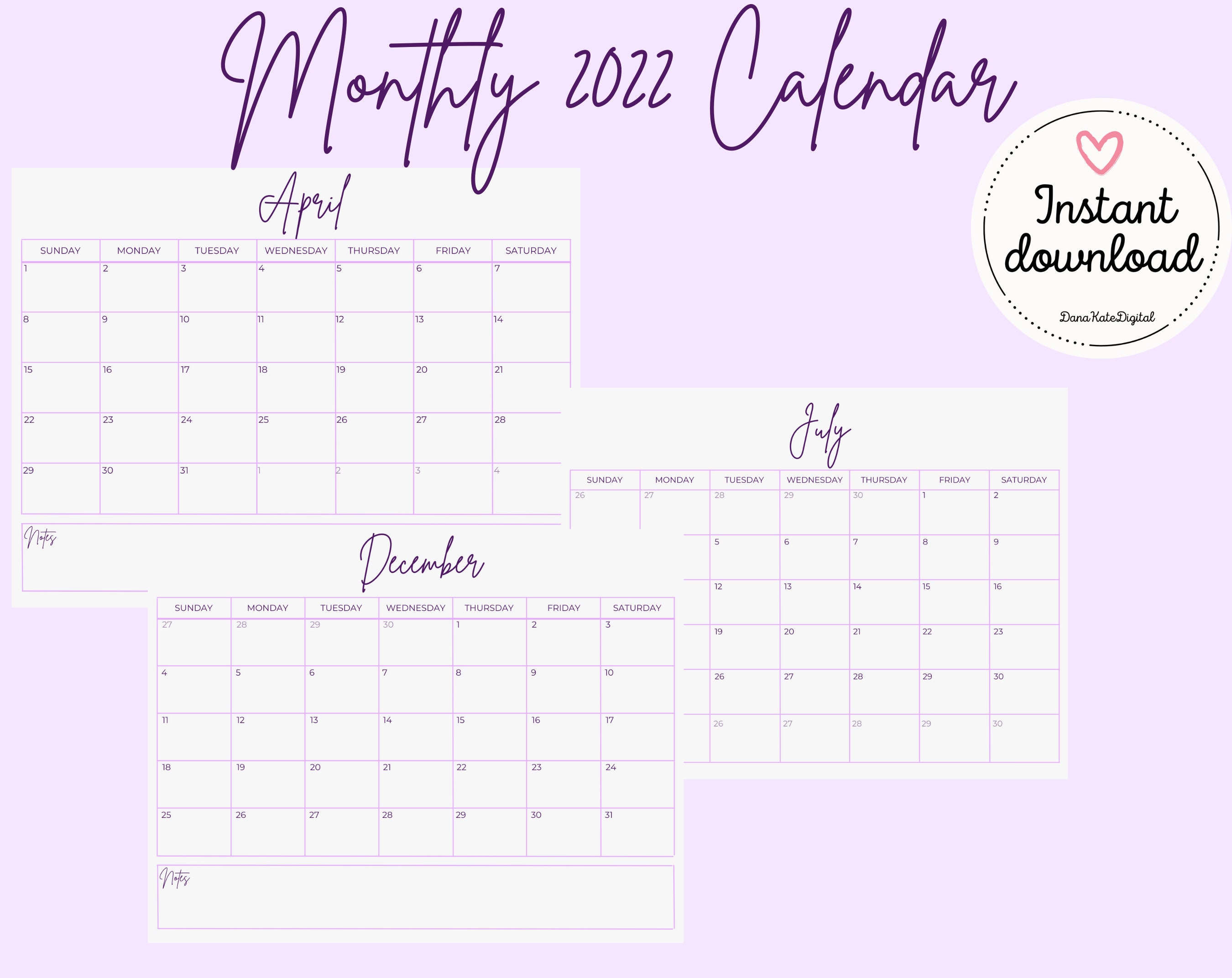 Monthly Purple Minimalist 2022 Digital Download Printable Calendar ...
