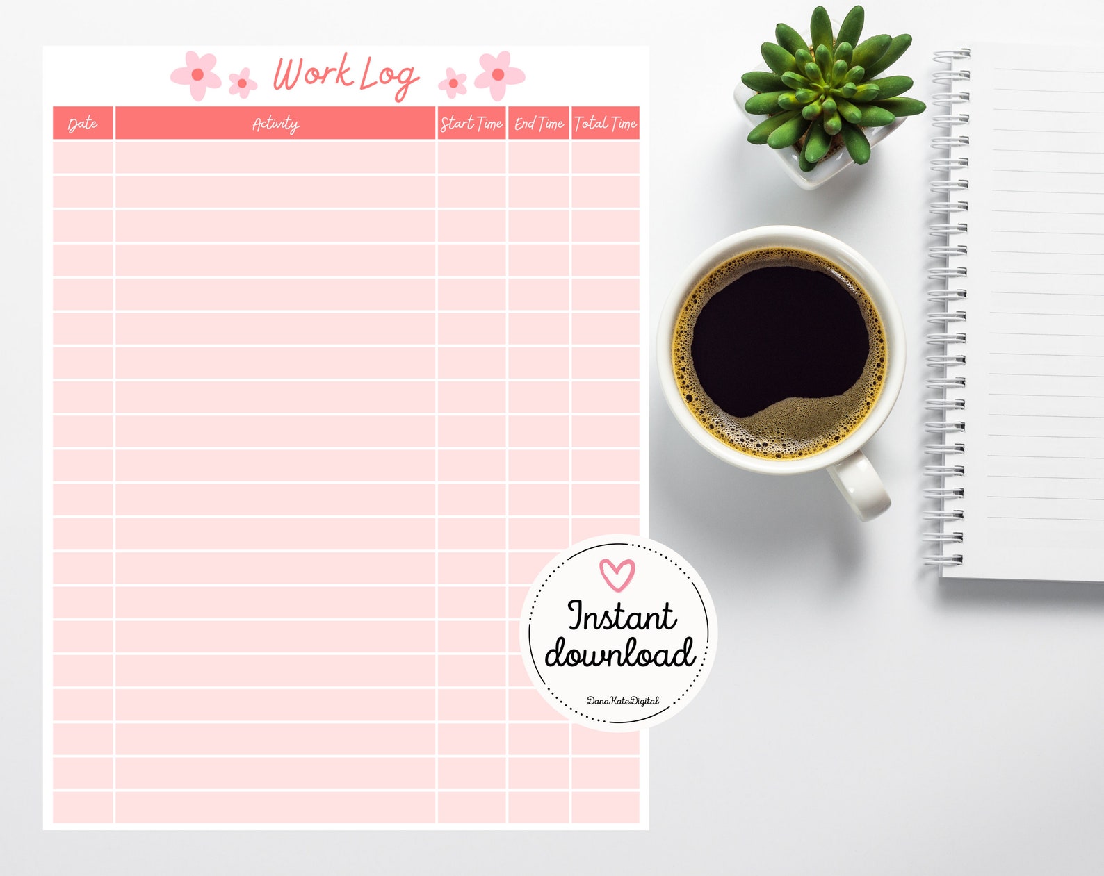 Printable Work | Time Log and Tracker | Activity Hours Log Printable | Digital Download Working ...