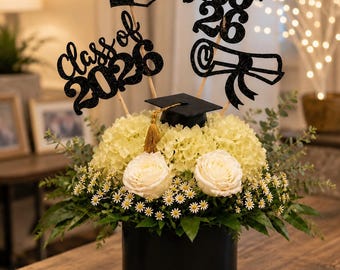 Graduation Centerpiece 2026 | Black & White Floral Graduation Party Decor | Class of 2026 Table Centerpiece