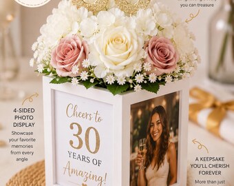 Custom 30th Birthday Photo Centerpiece | Personalized Photo Cube Centerpiece | Memory Keepsake Table Decor | White Floral Arrangement