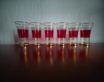 Art Deco Set of 6 Cranberry and Gold Glass Tumblers - Vintage 70s