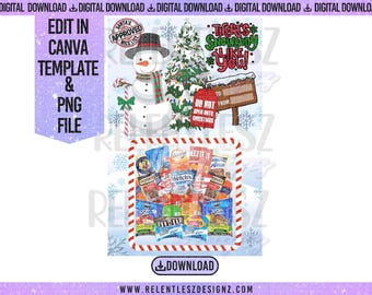May include: A digital Christmas-themed design featuring a snowman, Christmas tree, and a sign that reads "There's Snowbody Like You!" A rectangular box filled with snacks is also included. The design includes the text "Edit in Canva Template & PNG File."