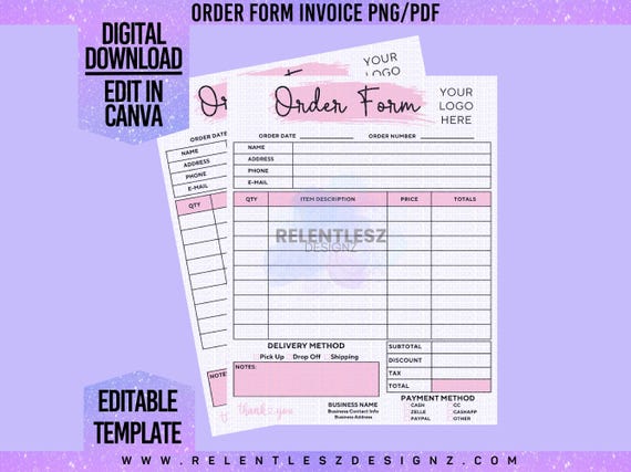 Pink Order Form Small Business Order Invoice Template, Edit In Canva Template, Pdf, Editable Form, Fill-In, Customer Order Sheet