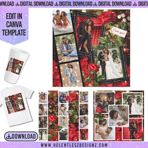 Lovers Photo Design Template, 3 Verions, Valentine’s Day, Anniversary, Canva Editable (PDF) red black and white design with drag and drop photo frames, red roses and sparkles to make the design pop, perfect for couples. perfect gift for him or her