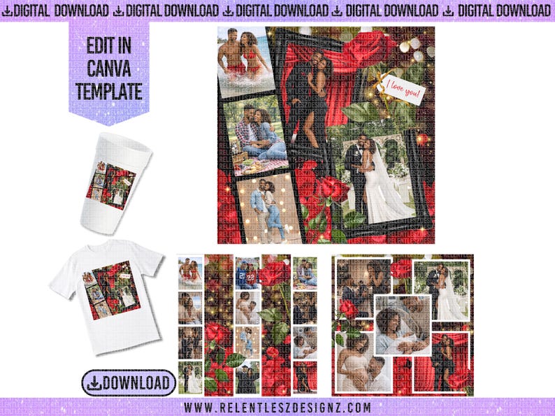 Lovers Photo Design Template, 3 Verions, Valentine’s Day, Anniversary, Canva Editable (PDF) red black and white design with drag and drop photo frames, red roses and sparkles to make the design pop, perfect for couples. perfect gift for him or her