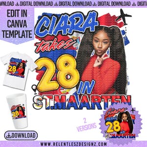 Puede incluir: Gráfico de descarga digital con una mujer con una parte superior roja, texto "Ciara takes 28 in St. Maarten." Incluye una camiseta, una taza y un gráfico circular. El diseño utiliza azul, rojo y amarillo. El texto incluye el número 28.