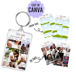 May include: A clear plastic keychain with a collage of photos of a couple. The keychain is designed to look like a Google search results page with the text "Sean & Cassidy" and "<All Est Nov 14th 2021 More".