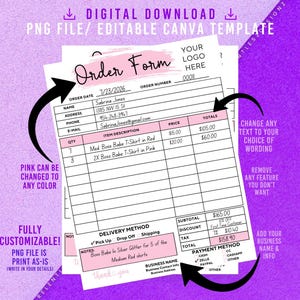 Pink Order Form Small Business Order Invoice Template, Edit In Canva Template, Pdf, Editable Form, Fill-In, Customer Order Sheet