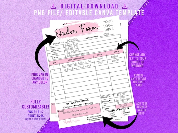 Pink Order Form Small Business Order Invoice Template, Edit In Canva Template, Pdf, Editable Form, Fill-In, Customer Order Sheet
