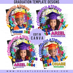 May include: Graduation template designs featuring children in graduation caps and gowns. Each design includes the text "Congratulations," "Class of," and the graduate's name and year. The designs are decorated with colorful crayon illustrations and paint splatters.