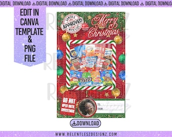 May include: A Christmas-themed digital download featuring a festive design. The image includes a snack-filled gift box, ornaments, and the text "Merry Christmas." It also has the text "Santa's Approved Nice List" and "Do Not Open Until Christmas."