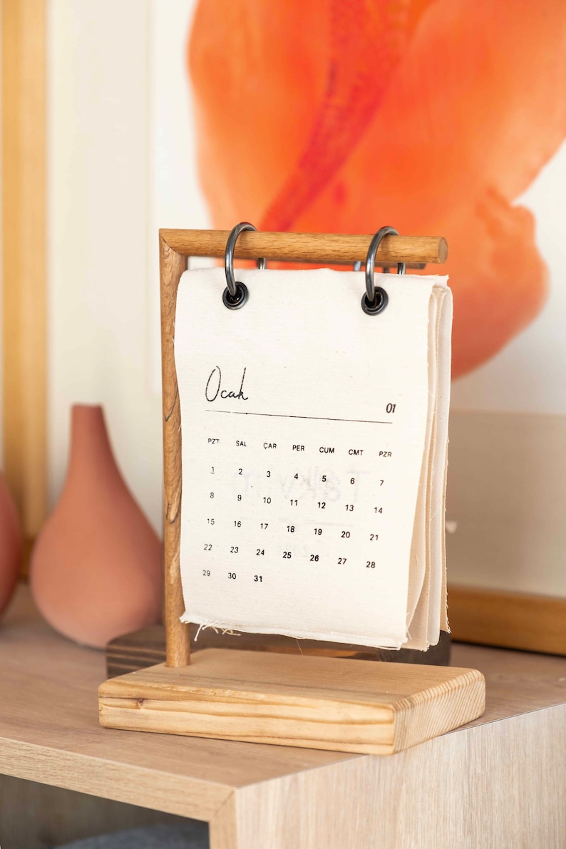 Desk Calendar Wooden Stand Cotton Canvas Customizable Wood Stand