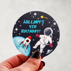 Outer Space Astronaut Birthday Stickers | Personalized Spaceship Party Favor Labels