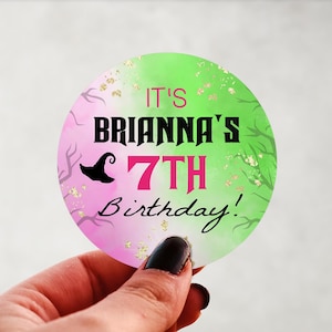 Witch Hat Birthday Stickers | Pink & Green Personalized Party Favor Labels