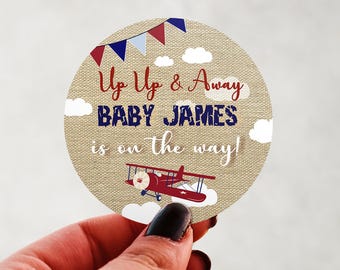 Up and Away Baby Shower Stickers | Vintage Airplane Party Favor Labels